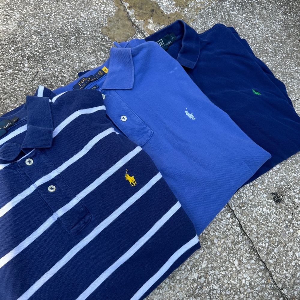Bundle of 3 Polo Ralph Lauren Mens Large Polo Shirts Blue Navy Striped Classic